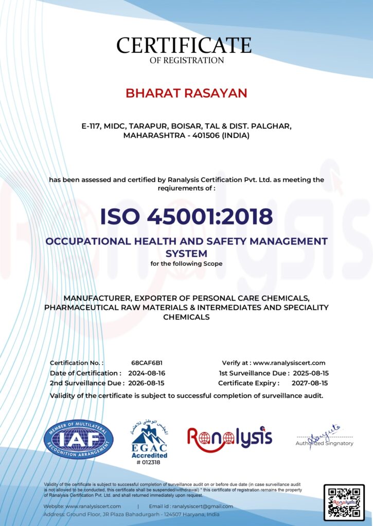 ISO 450012018 BRAS Chemicals - Bharat Rasayan Advanced Specialty Chemicals