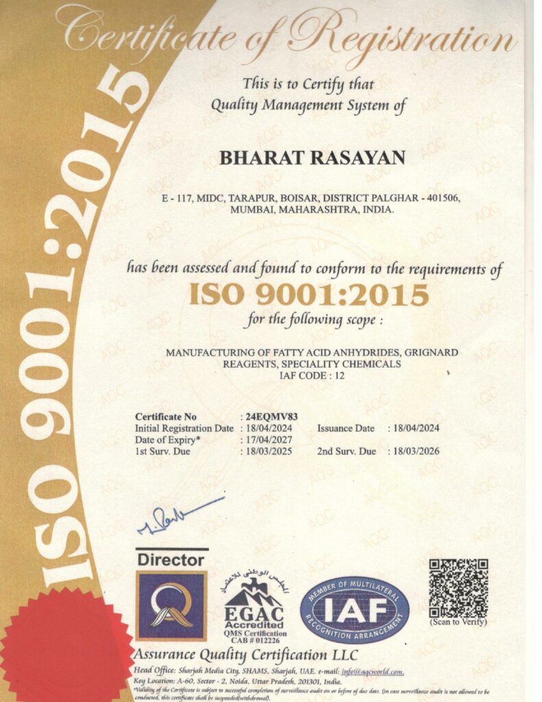 ISO 90012015 BRAS Chemicals - Bharat Rasayan Advanced Specialty Chemicals